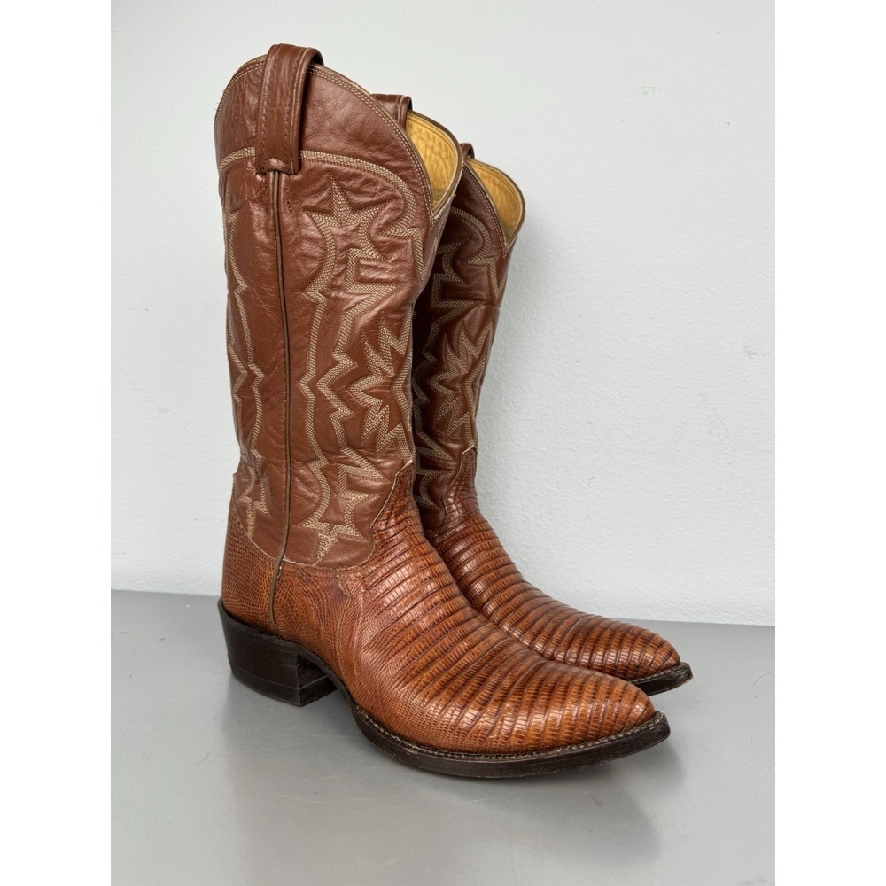 Vintage Tony Lama Brown Teju Lizard Leather Boots Mens 7.5 AAA Stitched Western